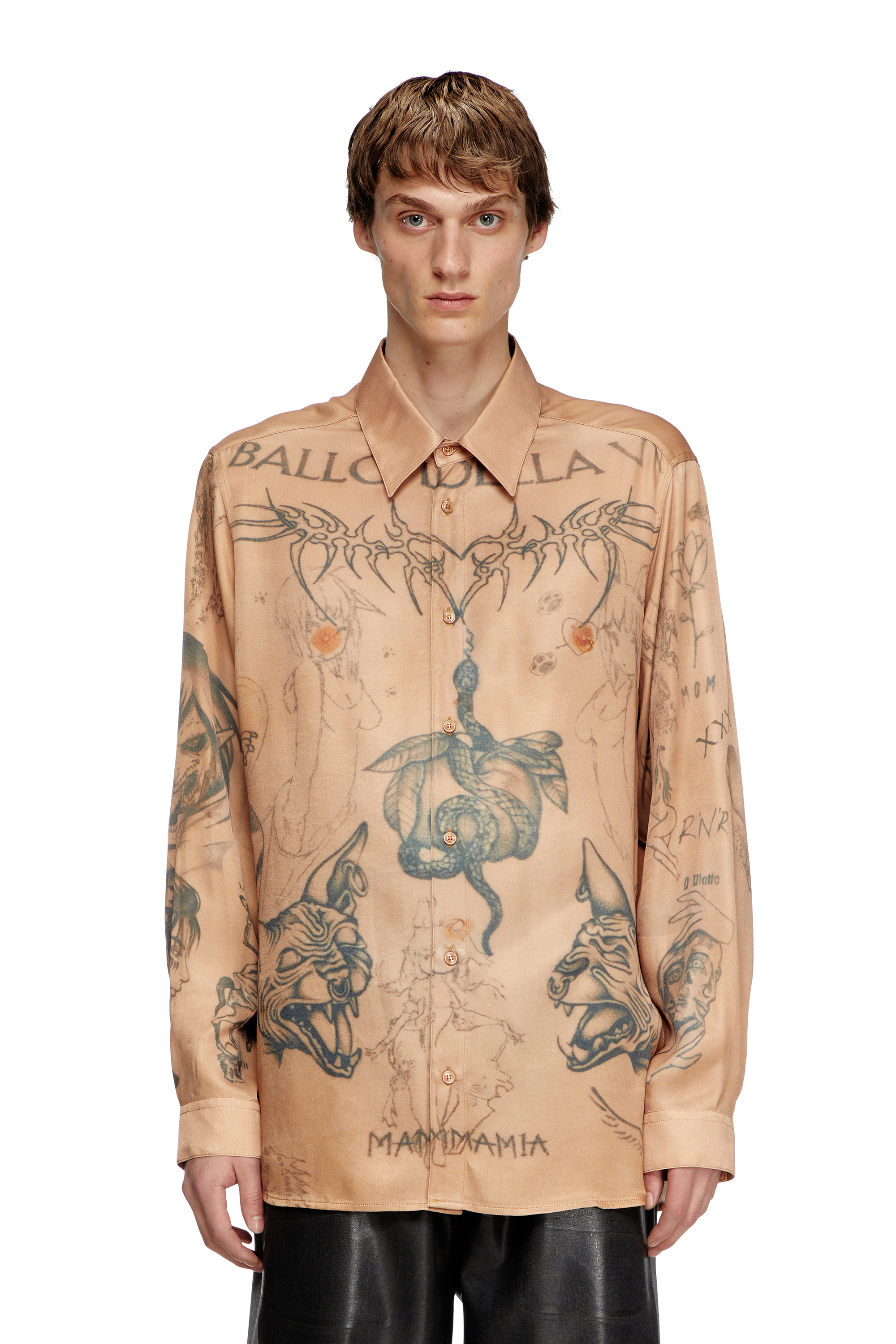 Diesel - S-SIMPLY-TTO-DD, Unisex's Fluid satin shirt with tattoo print in Beige - 3