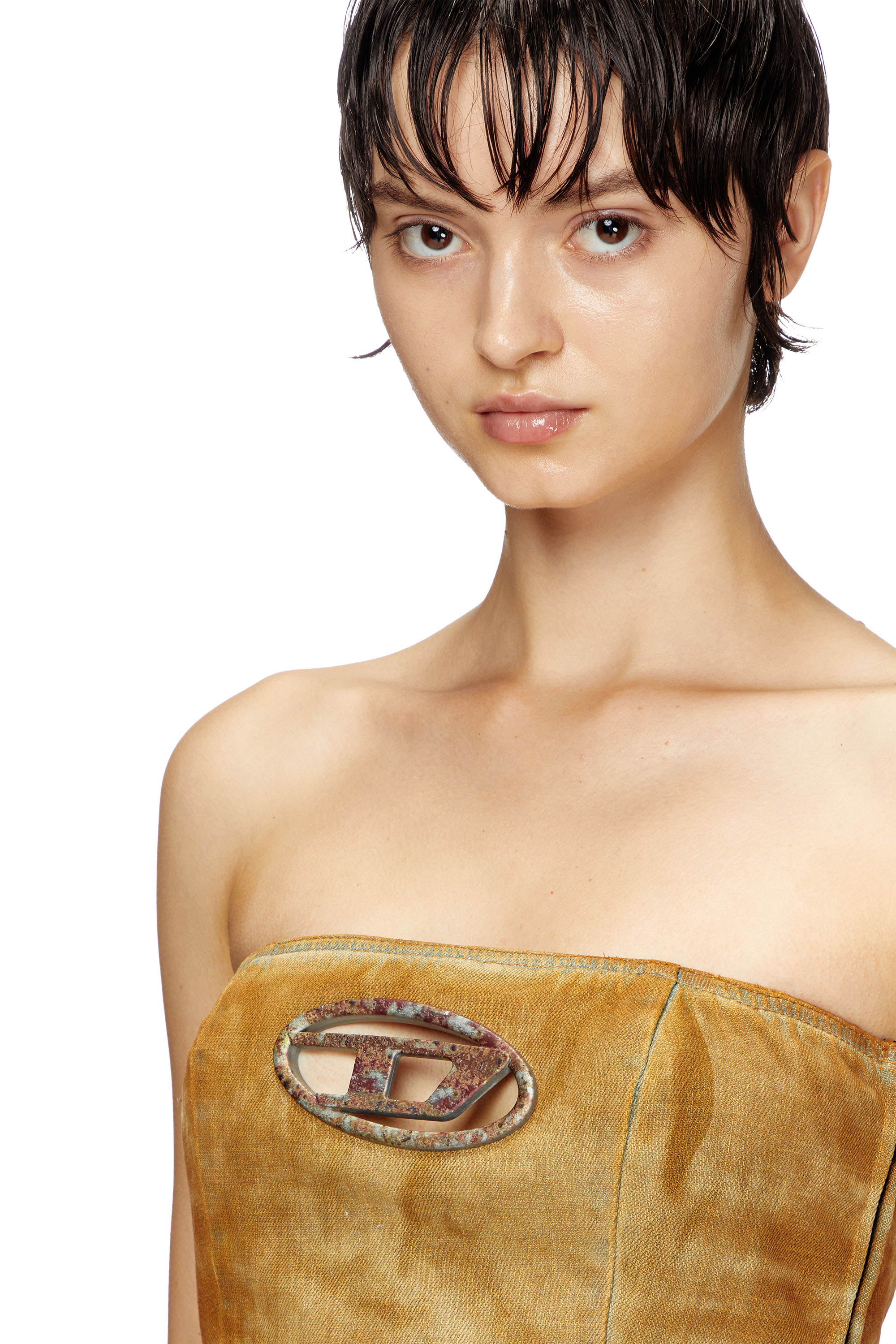 Diesel - DE-VILLESS-FSF, Woman's Denim tube top with rust-effect logo in Light Brown - 4