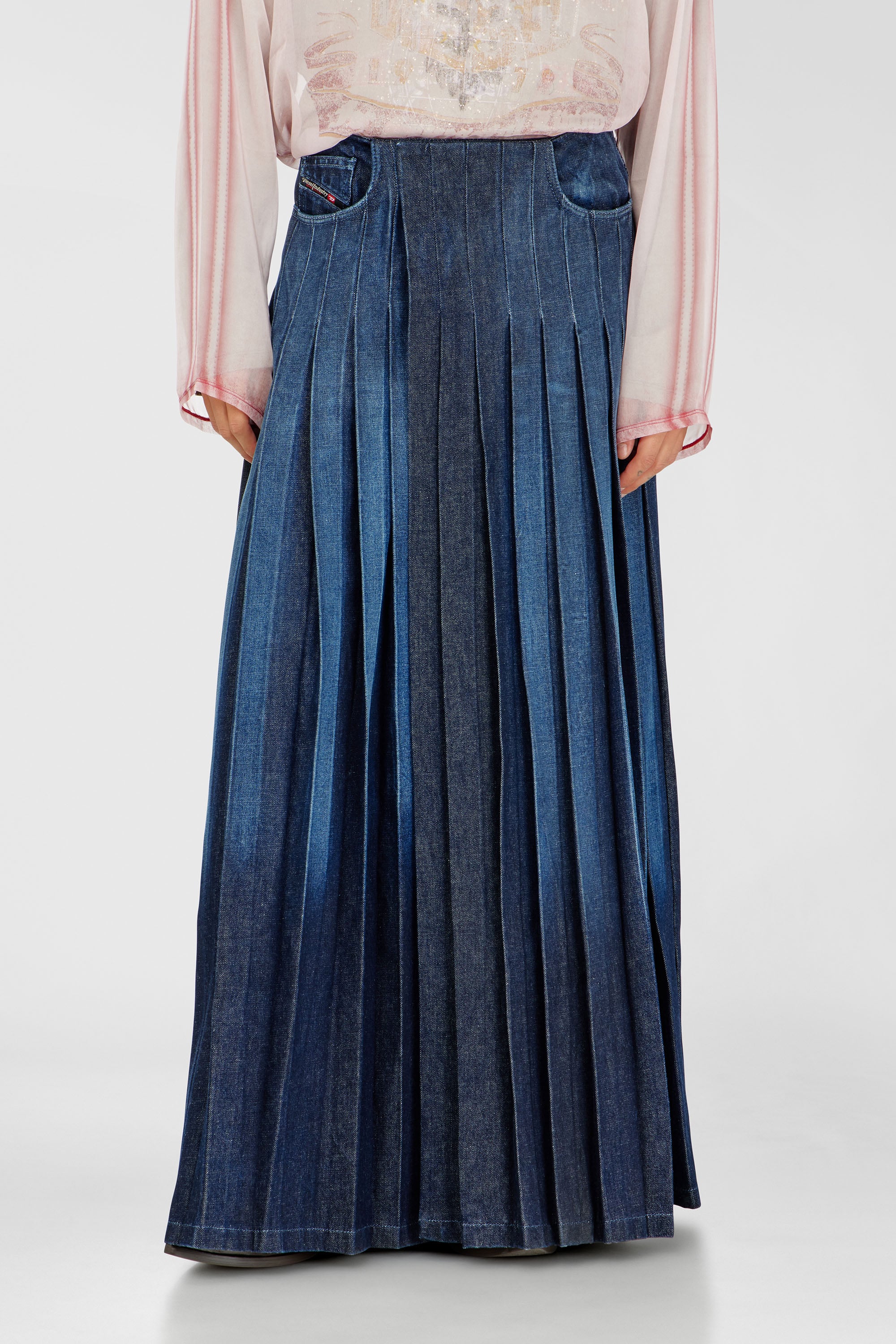 Diesel - D-QUILTY-FSJ1, Unisex's Long wrap skirt in pleated denim in Dark Blue - 1