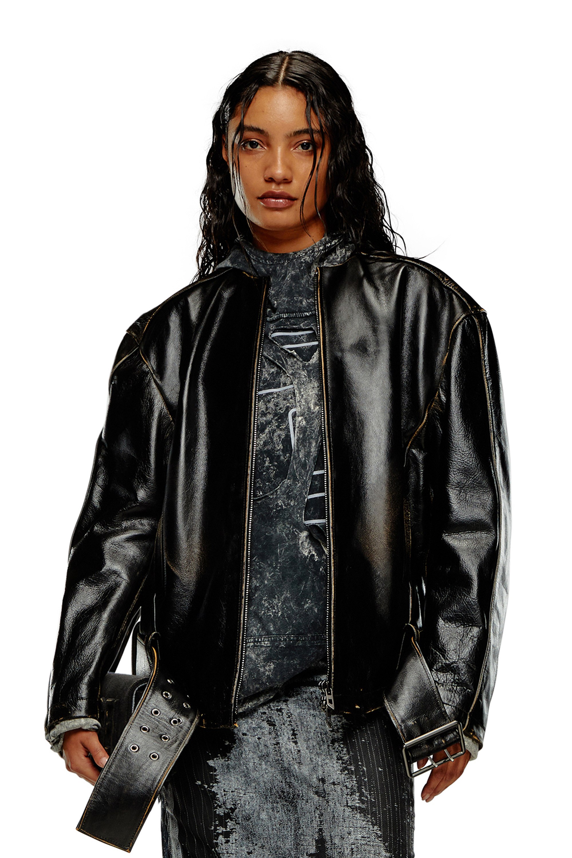 Diesel - L-MARGY, Woman Oversized biker jacket in brushed leather in Black - Image 1