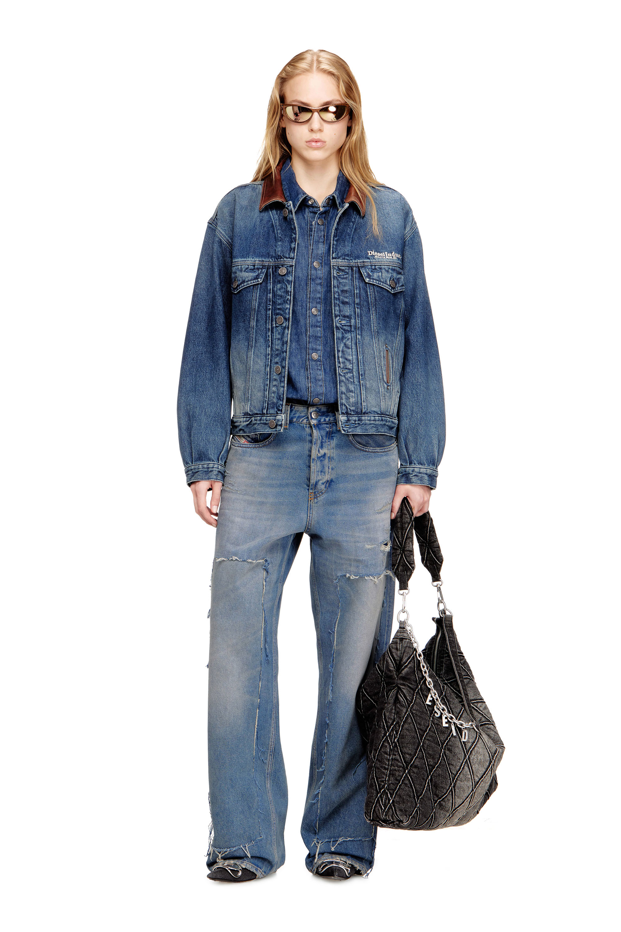 Diesel - D-DENVER-S1, Unisex's Denim trucker jacket with contrast leather trims in Blue - 4