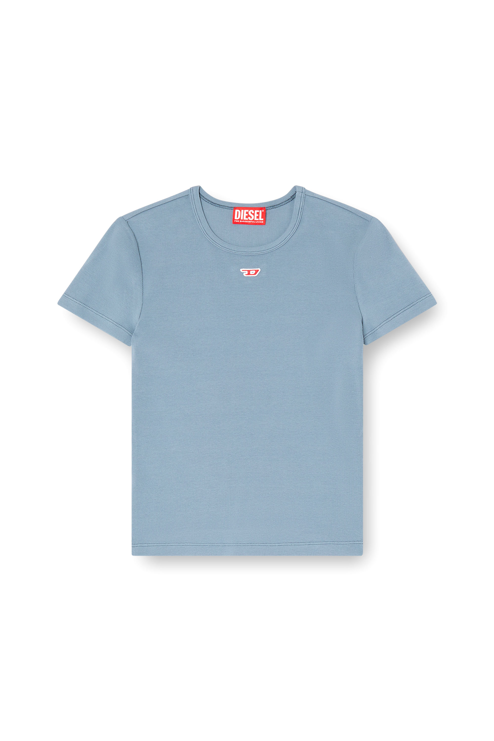 Diesel - T-ELE-LONG-D, Woman's T-shirt with D logo patch in Light Blue - 3