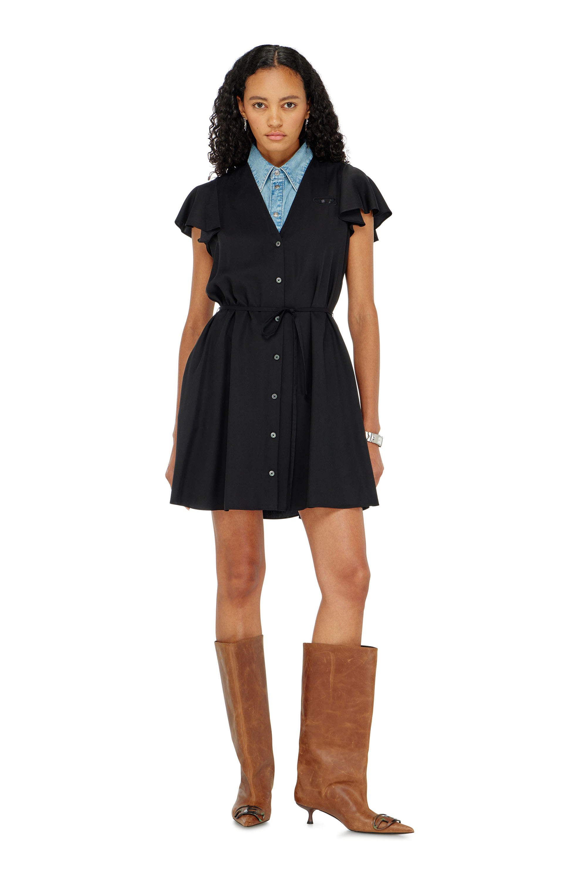 Diesel - D-AIKIRI, Woman's Cupro dress with V-neck and front buttons in Black - 1