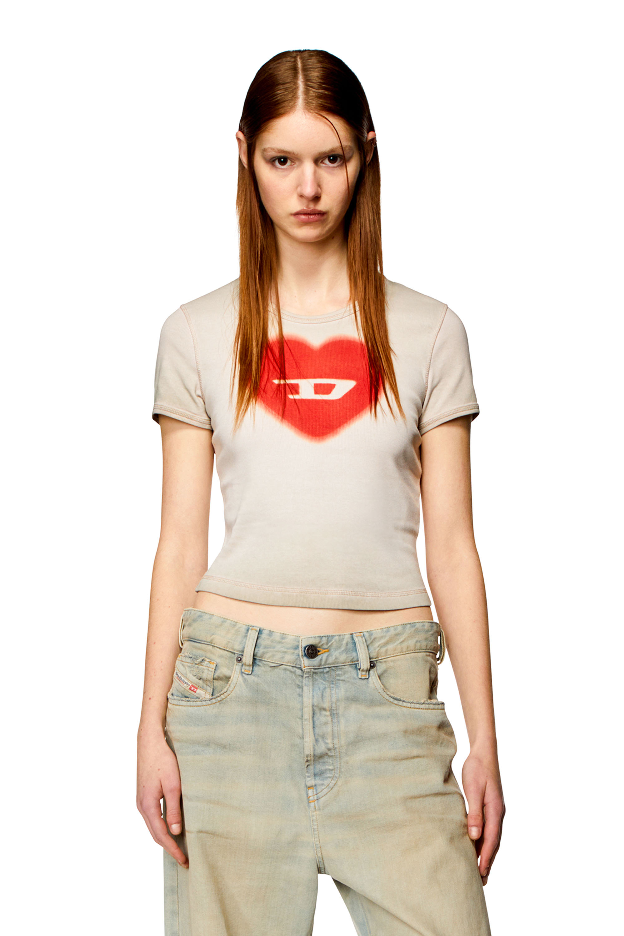 Diesel - T-ELE, Woman Ribbed T-shirt with watercolour heart D in Beige - Image 1