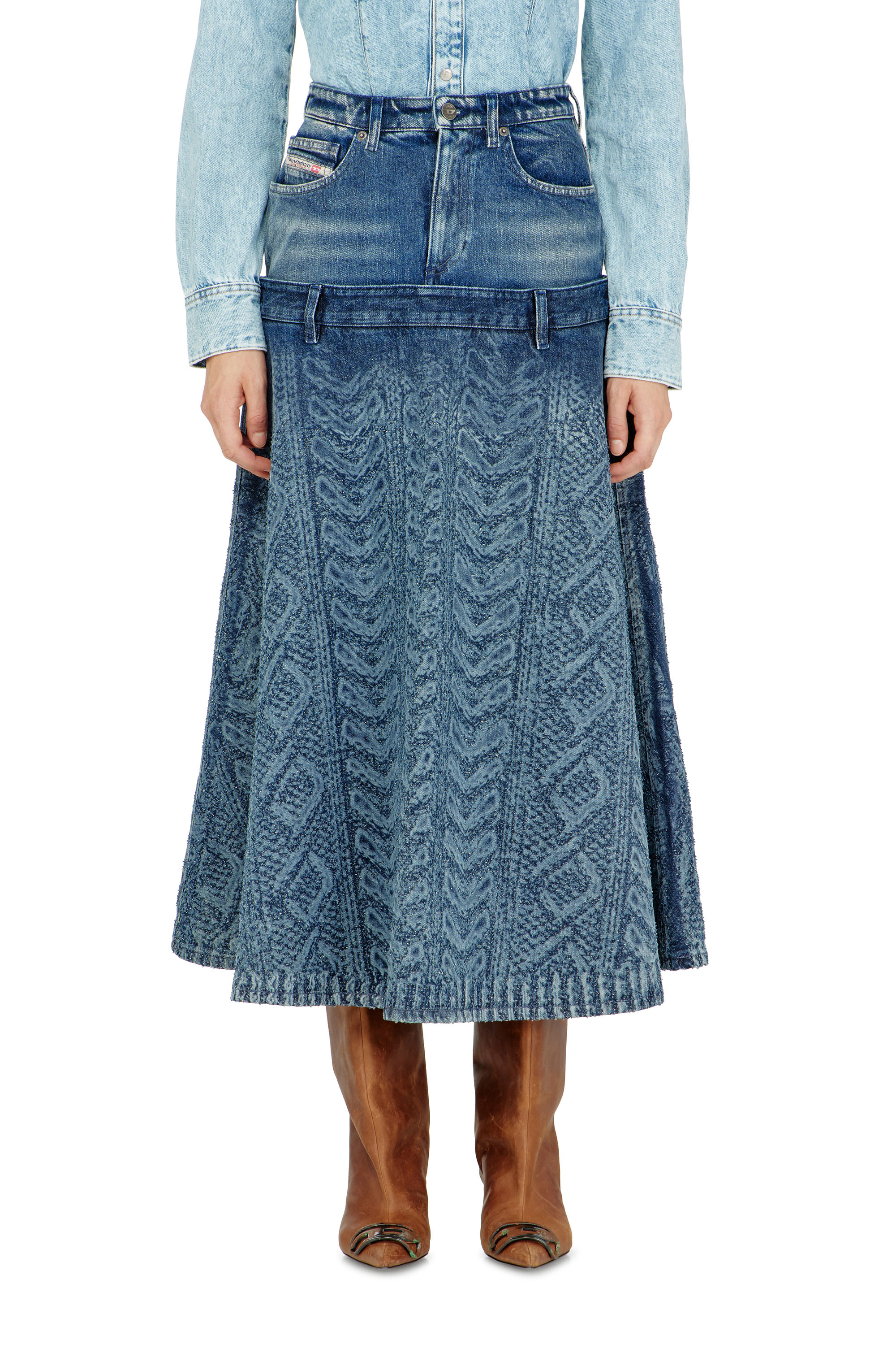 Diesel - DE-VORYA-S1, Woman's Midi skirt in cable-knit-effect denim in Dark Blue - 3