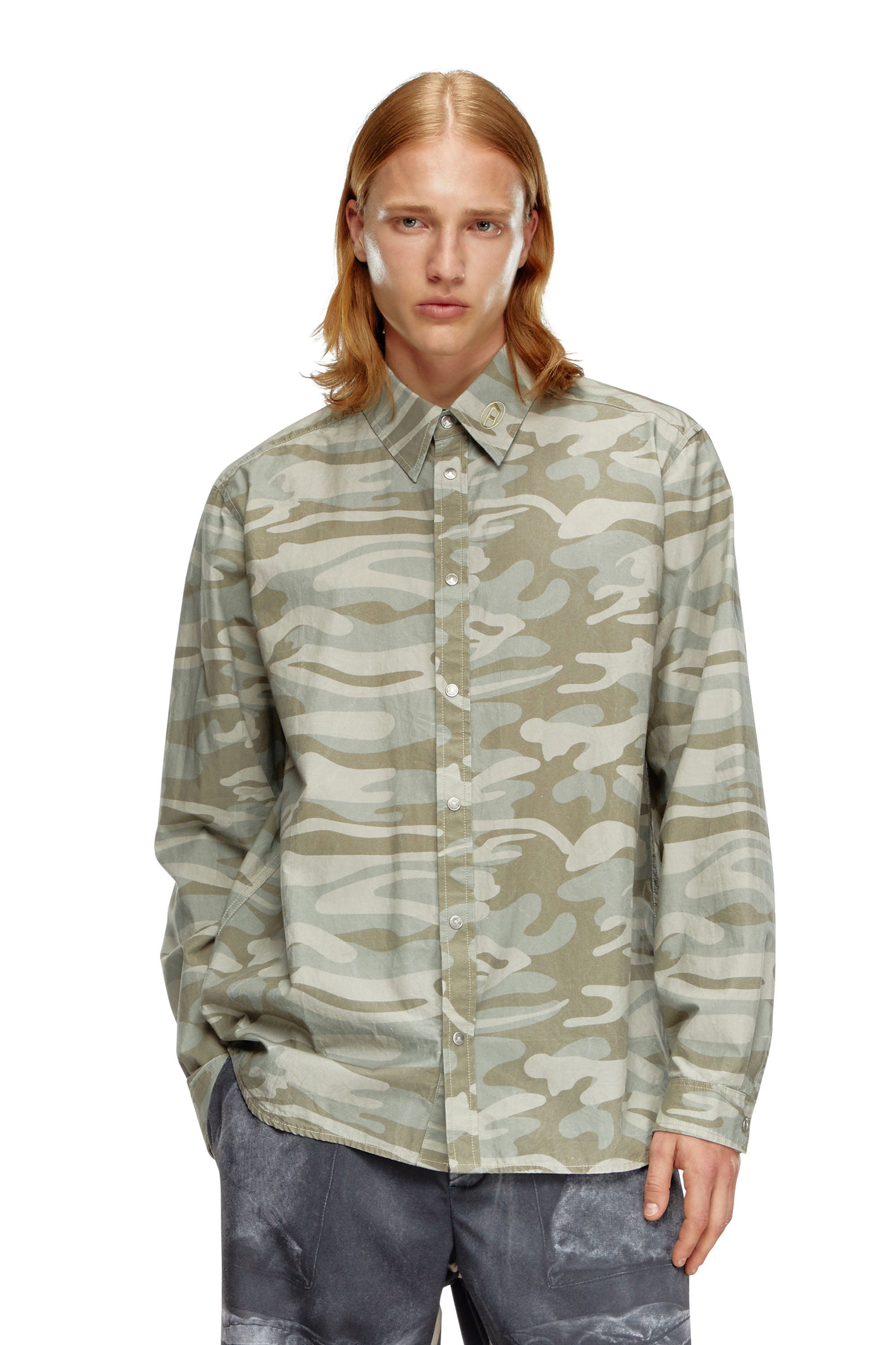 Diesel - S-HOLTE, Man's Poplin shirt with camo print in Military Green - 1