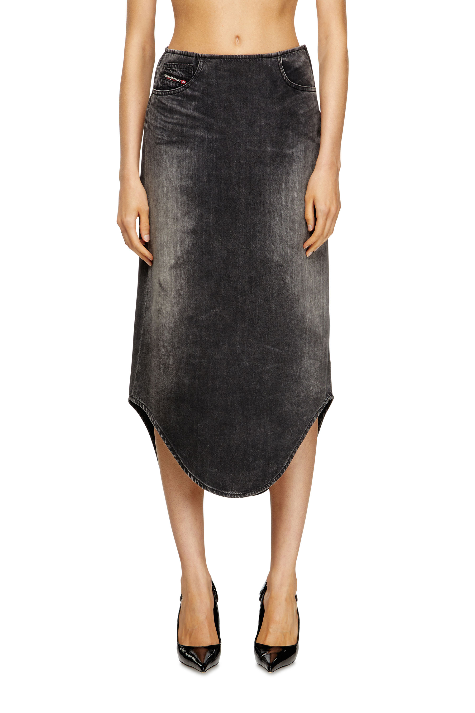 DE-PLUMY-S, Black Diesel - DE-PLUMY-S, Woman's Denim midi skirt with shadow effect in Black - 3