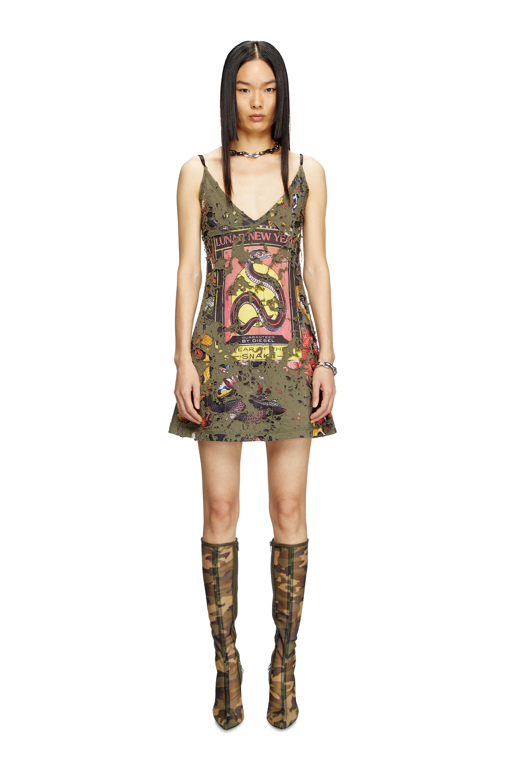 Diesel - CL-D-JENA-DEV-SNAKE, Woman's Destroyed snake-print slip dress in Olive Green - 1