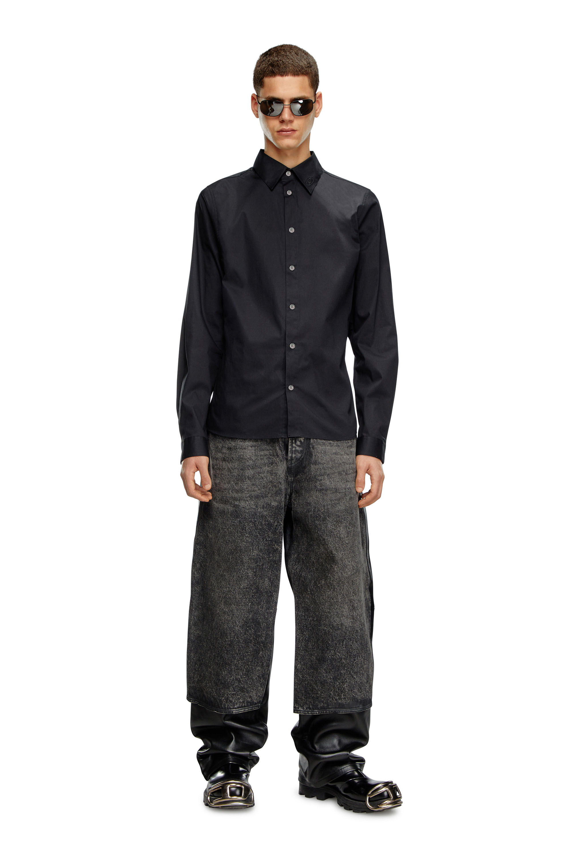 Diesel - S-FITTY-A, Man's Formal shirt with logo-embroidered collar in Black - 2