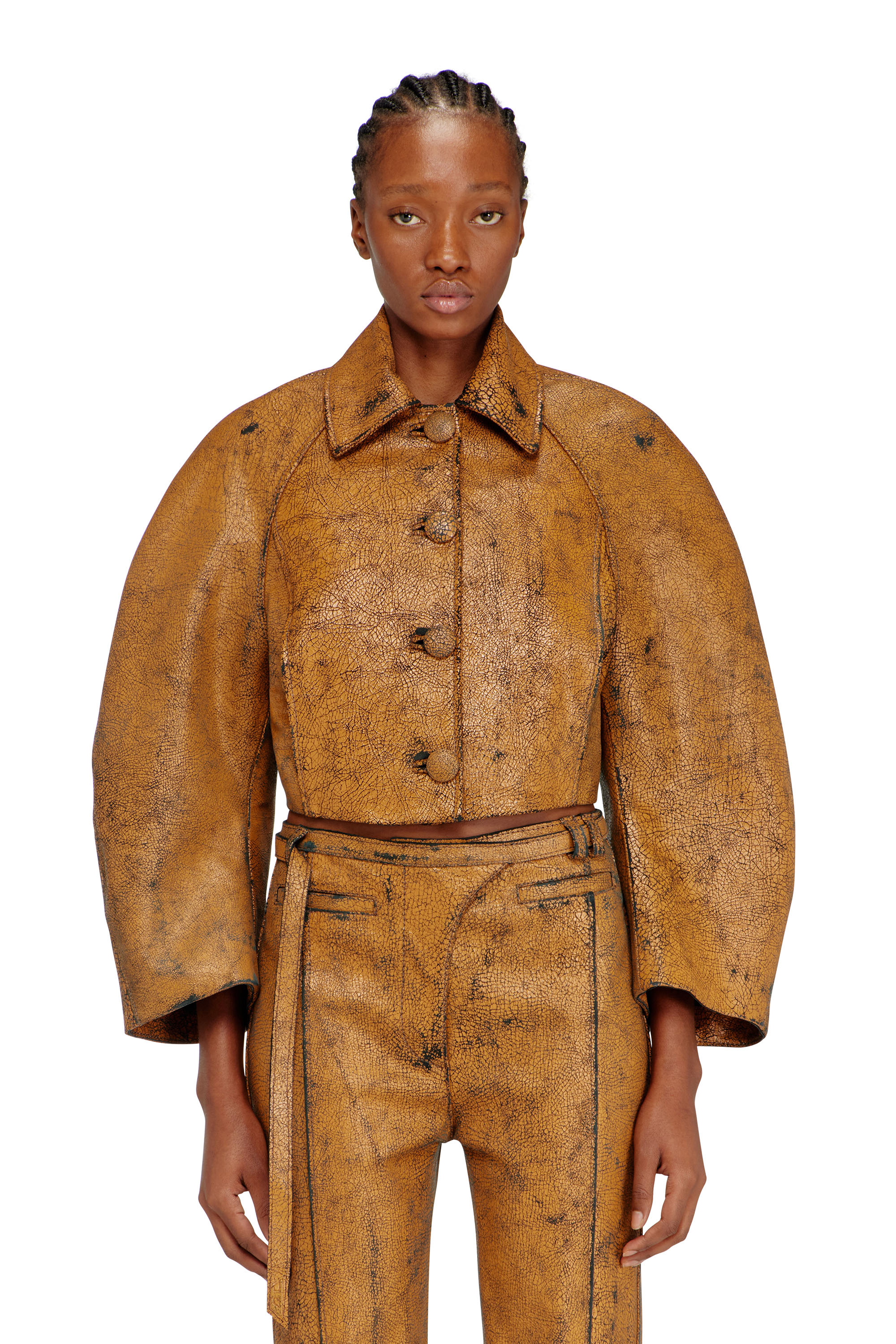 Diesel - L-RAYA, Woman's Cropped cocoon jacket in crackle leather in null - 1
