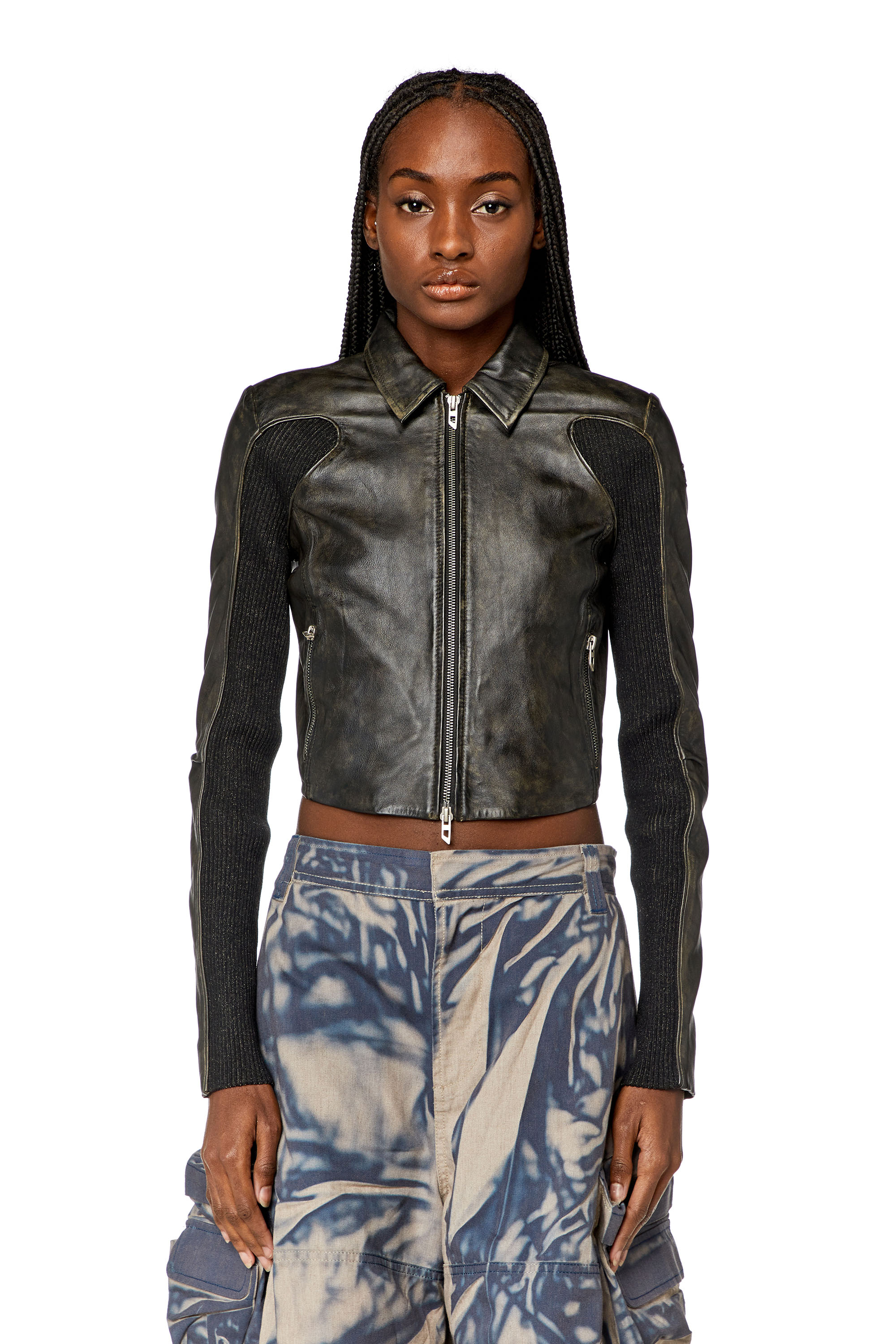 Diesel - L-TOTEM, Woman Cropped leather jacket with knit panels in Multicolor - Image 5