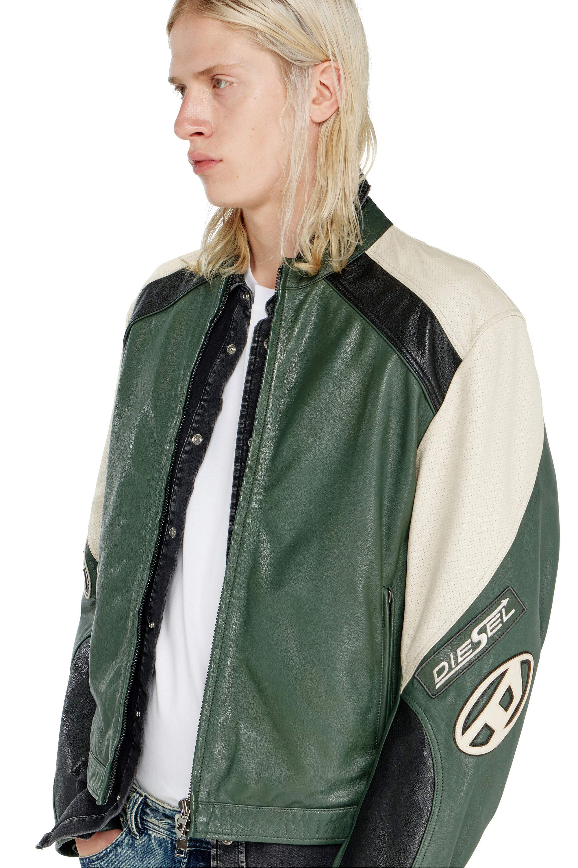 Diesel - L-AHTI, Man's Biker jacket in colour-block perforated leather in null - 6