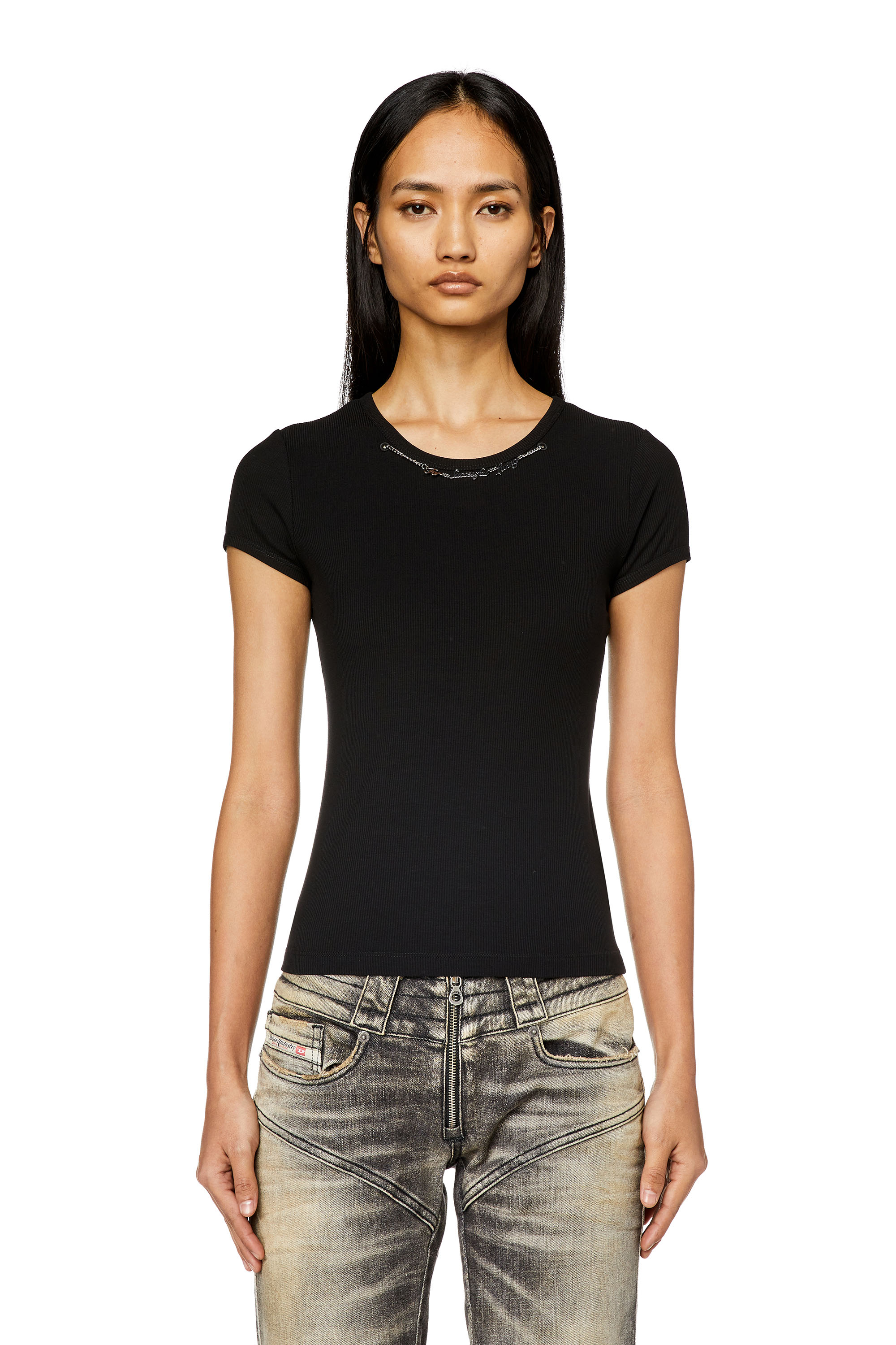 Diesel - T-MATIC, Woman Ribbed-jersey top with chain necklace in Black - Image 5