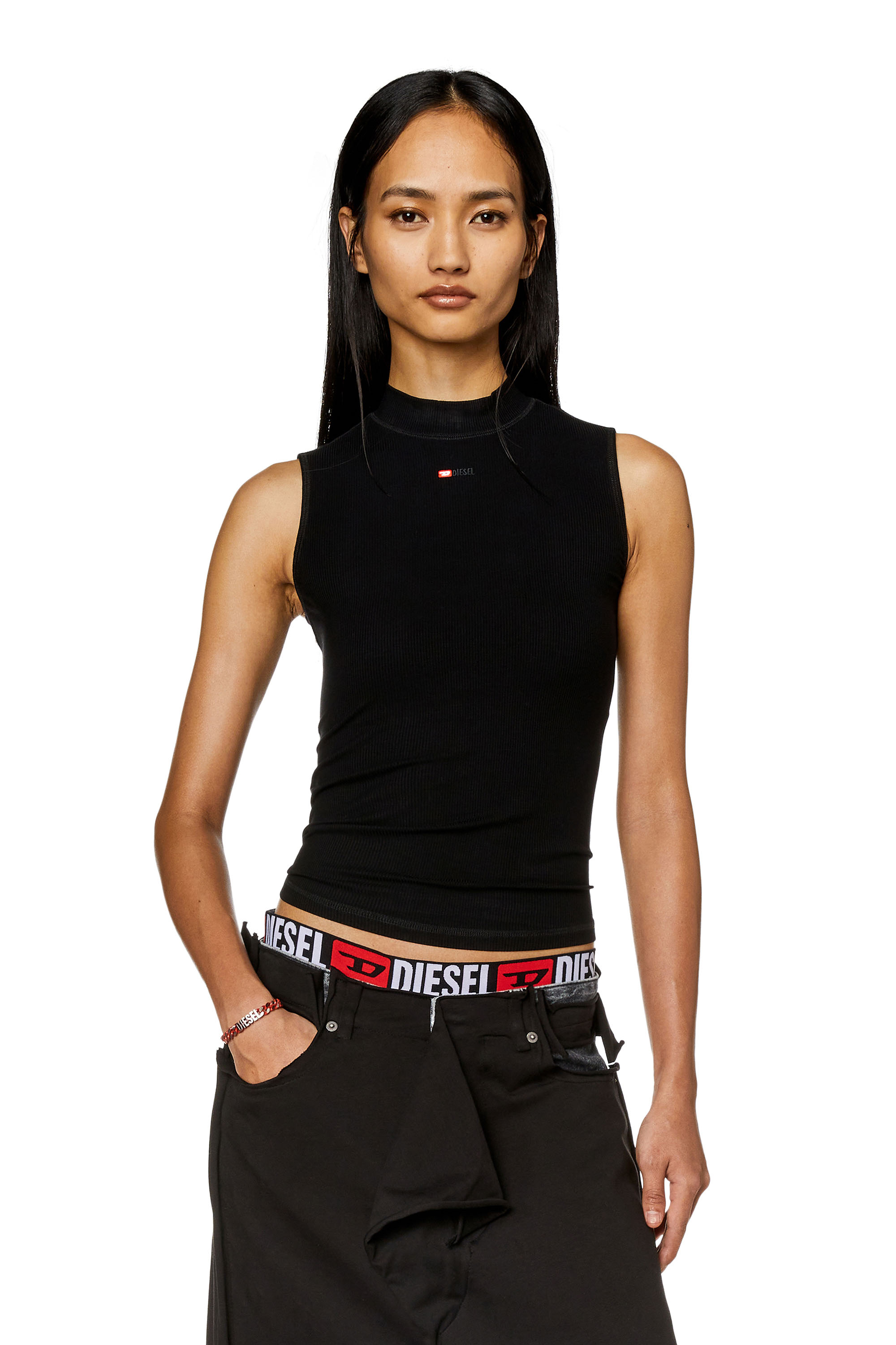 Diesel - T-MOKKY-SL-MICRODIV, Woman Ribbed tank top with mock neck in Black - Image 1